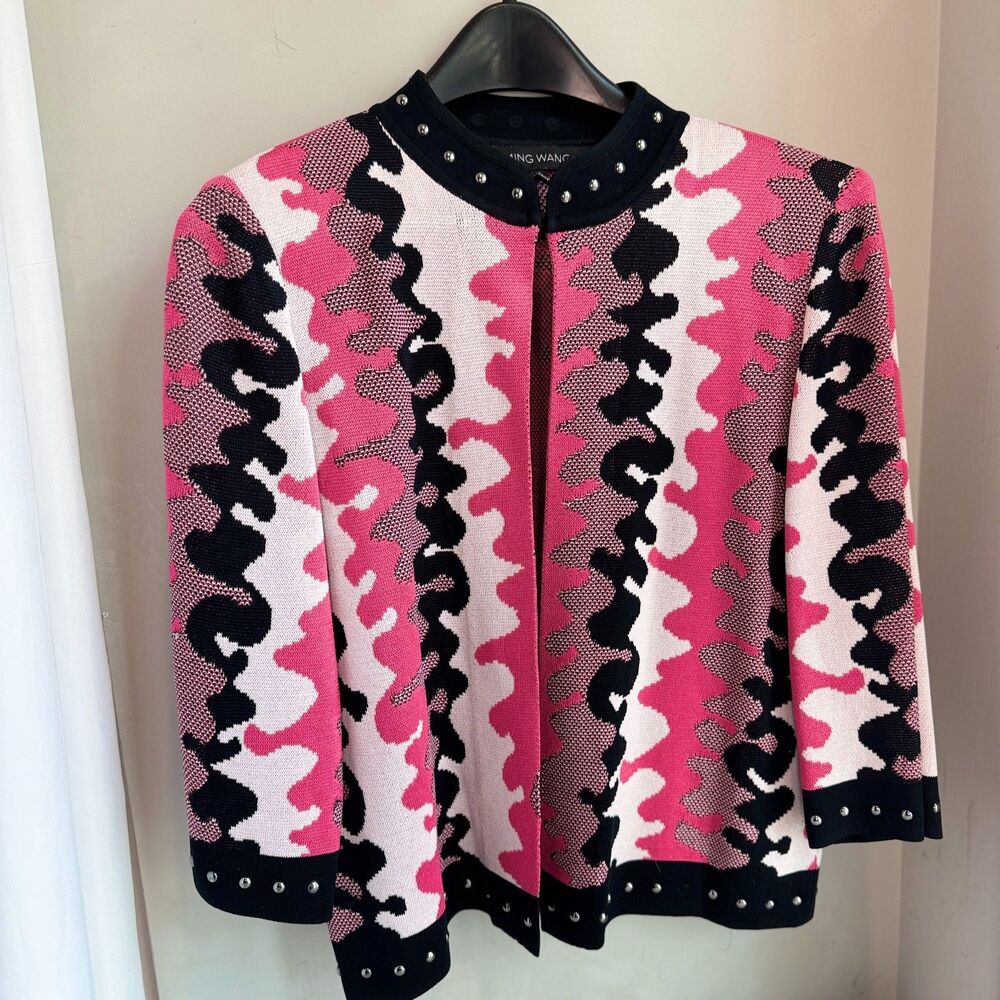 Ming Wang Women's M Black Pink White Camo Studded Cardigan Jacket Sweater